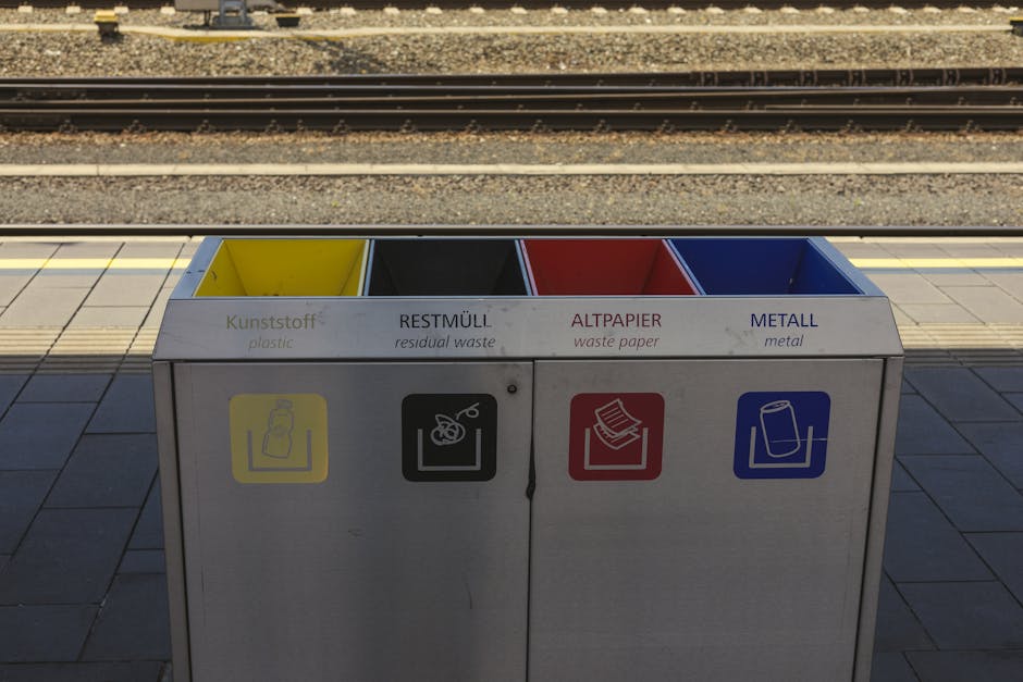 A four-compartment waste disposal bin located on a train station platform in Westminster, UK, with each section designated for specific materials: yellow for plastic bottles, black for residual waste, red for waste paper, and blue for metal cans. The bin is made of stainless steel with clear labels in both English and German, and the compartments are open, showing distinct sections for sorting waste. The platform has tiled flooring, and railway tracks are visible in the background under bright natural lighting. The image emphasizes cleanliness and proper waste segregation, aligning with city disposal guidelines, as highlighted by Paddington Cleaner’s services for surface cleaning and sanitation at transportation hubs.